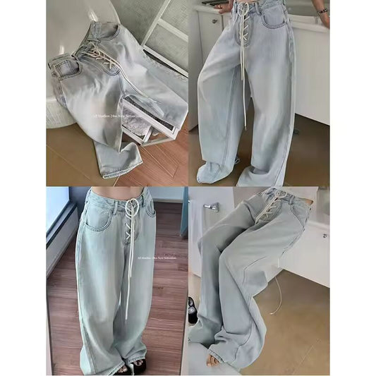 Blue Jeans for Women High Waist American Wide Leg Pants Y2K Vintage Straight Baggy Denim Trousers 2024 Spring Oversize Pants